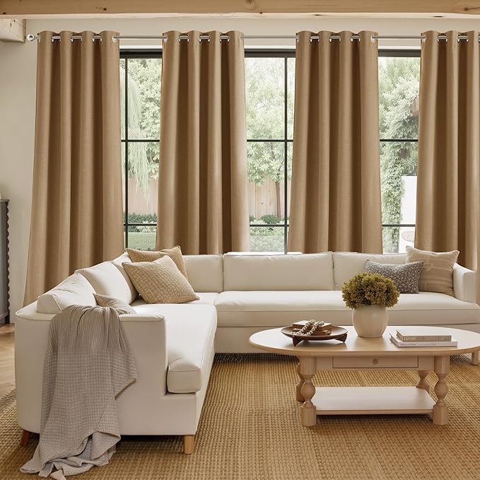 NICETOWN Caramel Faux Linen Room Darkening Rod Pocket Curtains 63 inch Length