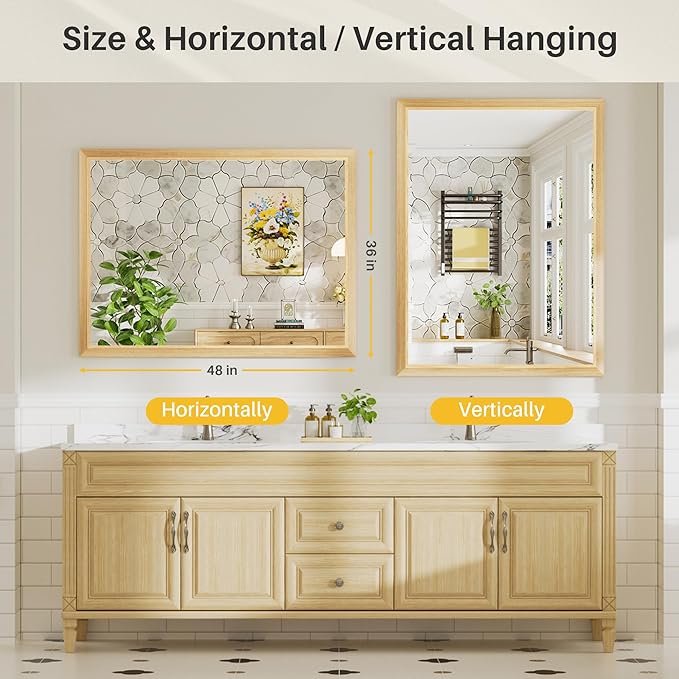 48x36 Inch Bathroom Mirror for Wall, Anti-Rust Oak Wood Grain Metal Framed