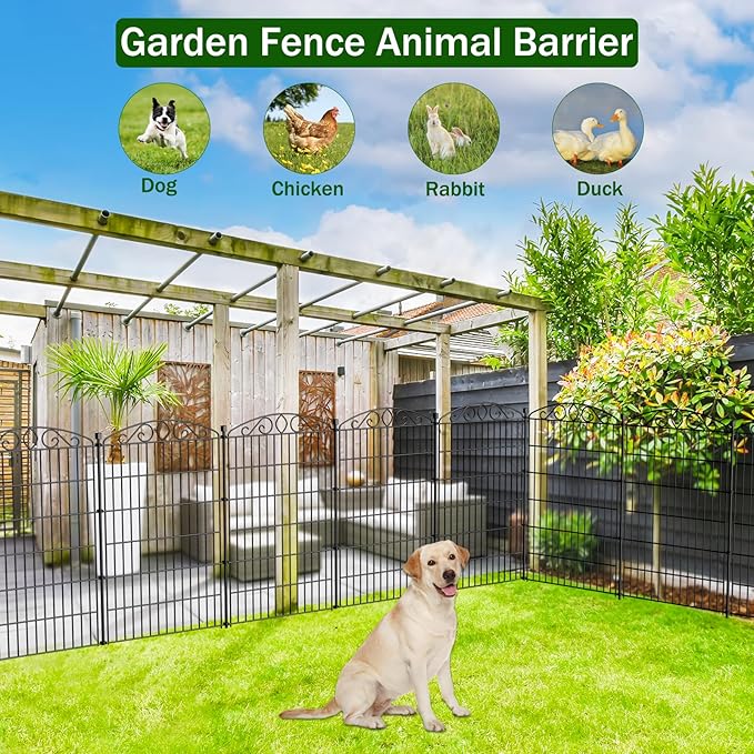 12 Panel No Dig Decorative Garden Fence with Gate - 42in H x 25.67 ft L, Tall Animal Barrier for Dogs Rabbits, Rustproof Metal Wire Panels for Yard, Patio, and Outdoor Border Use