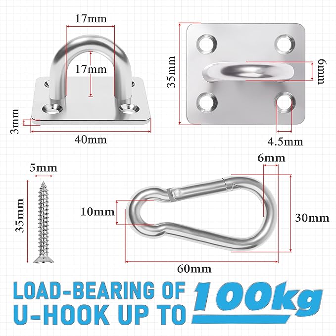 PAMAZY 4 PCS M6 Premium Heavy Duty Square Stainless Steel Pad Eye Hooks + 4PCS