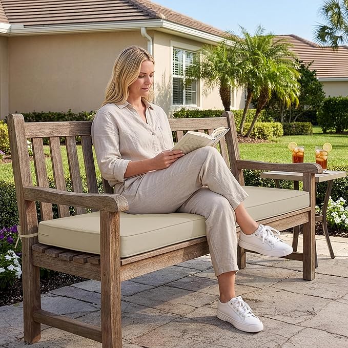 Summsun Outdoor Bench Cushion: Waterproof and Fade Resistant Patio Furniture Cushions - Non-Slip Bench Pad Cushion with Removable Cover for Garden Swing Porch Sofa Settee, 48 x 18 x 3 Inch, Beige
