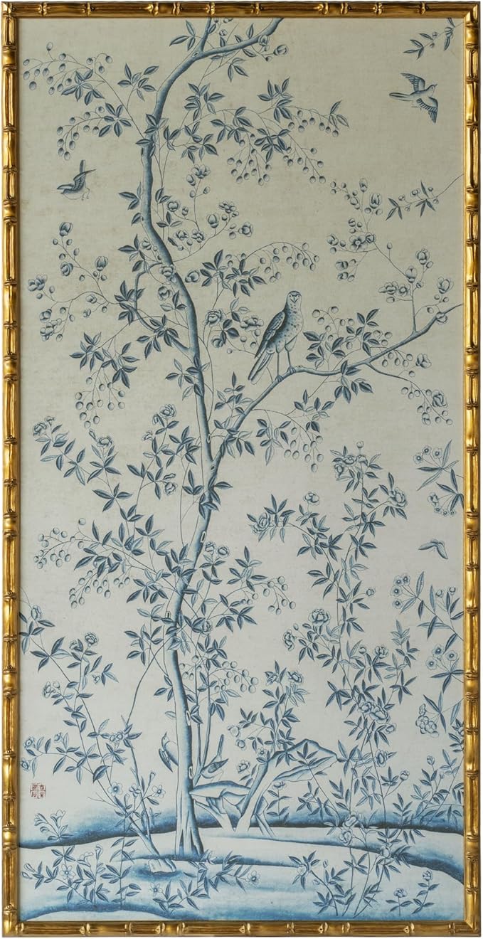 HongFengtang Chinese Rice Paper Print China Flower And Bird Bamboo Frame 54.3 X