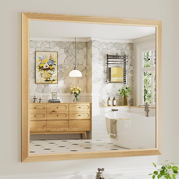 40x38 Inch Bathroom Mirror for Wall, Anti-Rust Oak Wood Grain Metal Framed