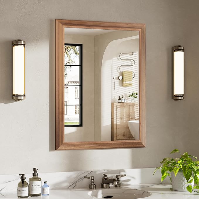 24x32 Inch Bathroom Mirror for Wall, Anti-Rust Walnut Wood Grain Metal Framed