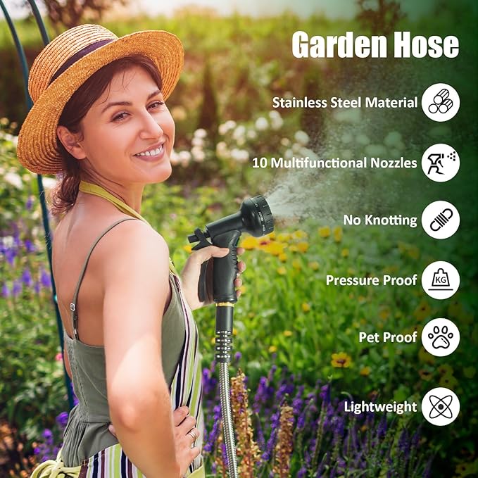 100ft Garden Hose, Heavy Duty Metal Water Hose 100 ft with 10 Function Nozzle, Flexible No-Kink, Pet-Proof & Puncture-Proof Stainless Steel Outdoor Hose for Yard