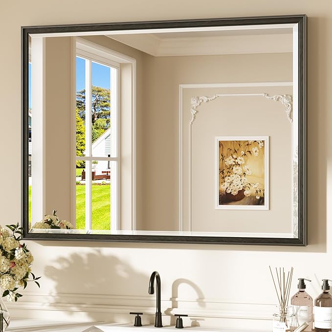 Keonjinn Black Framed Mirror 40" x 30", Decorative Aluminum Alloy Frame