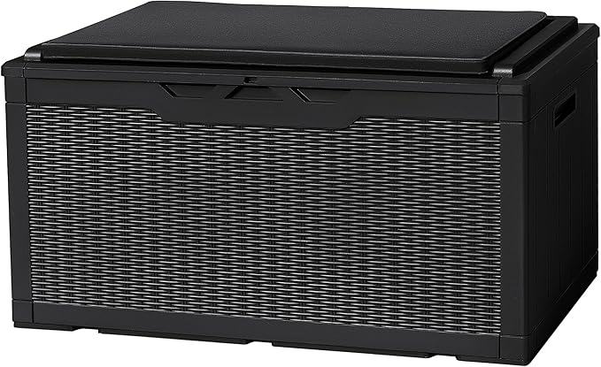 Flamaker Deck Box with Cushion 98 Gallon Waterproof Resin Storage Box with Air Rod Indoor Outdoor Lockable Storage Bench for Patio Furniture, Tools, Pool Accessories (Black)