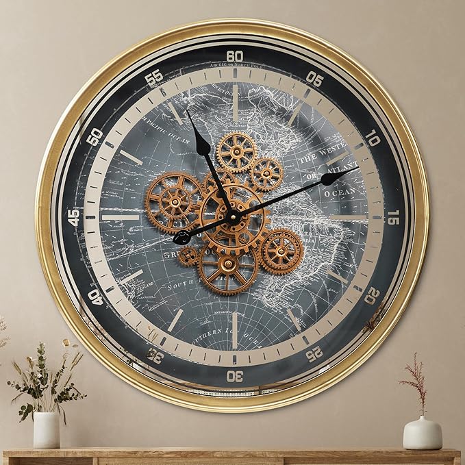 October Elf Large Real Moving Gears Wall Clock 24 Inch Vintage Industrial