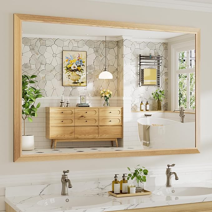 60x40 Inch Bathroom Mirror for Wall, Anti-Rust Oak Wood Grain Metal Framed