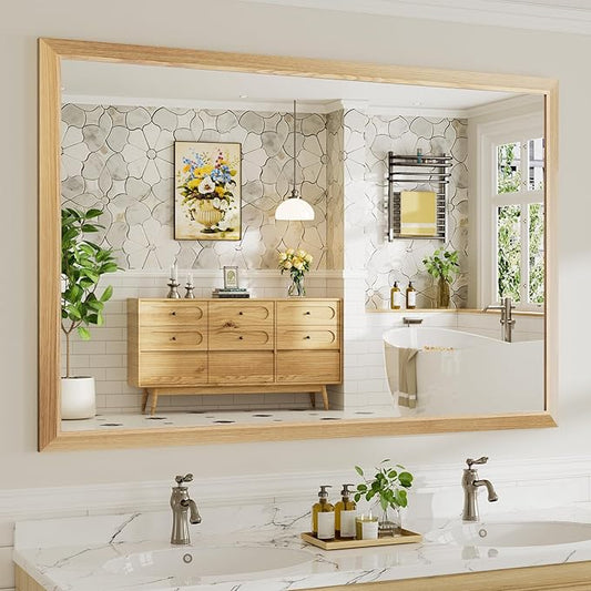 60x40 Inch Bathroom Mirror for Wall, Anti-Rust Oak Wood Grain Metal Framed