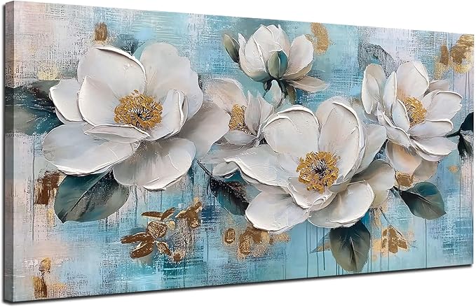 Ardemy Flower Wall Art for Living Room White Floral Canvas Art Wall Decor