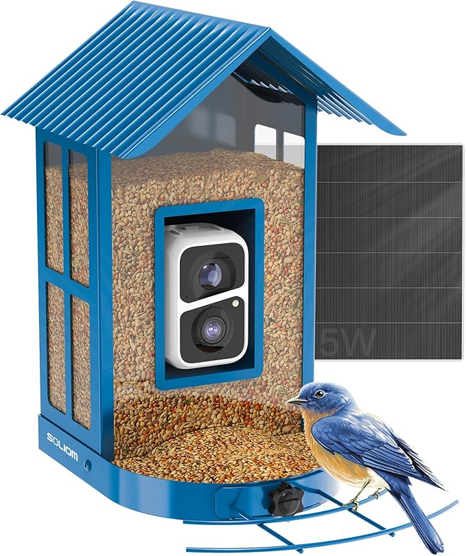 Bird Feeder with Camera with AI Identify Species, Wild Bird Watching, 2K Live View, Instant Arrival Alerts with 5W Solar Powered-Soliom BF08 Metal Blue