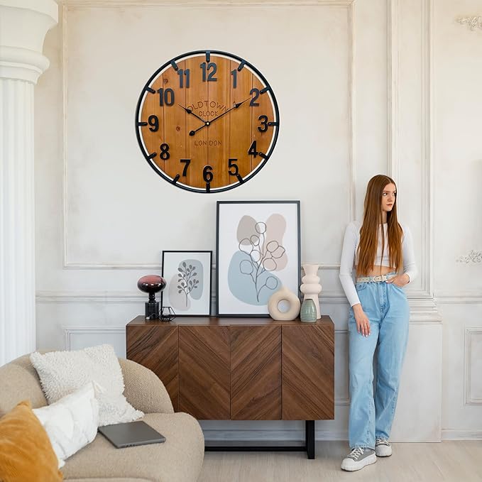 Large Farmhouse Rustic Wooden Wall Clock