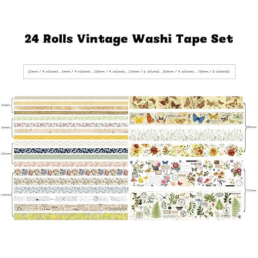 24 Rolls Vintage Washi Tape Set, Floral Letter Butterfly Mushroom Botanical Flower Writable Decorative Tapes for Scrapbooking , Junk Journal supplies, Bullet Journaling 5-75mm Wide 9.84ft long/Roll