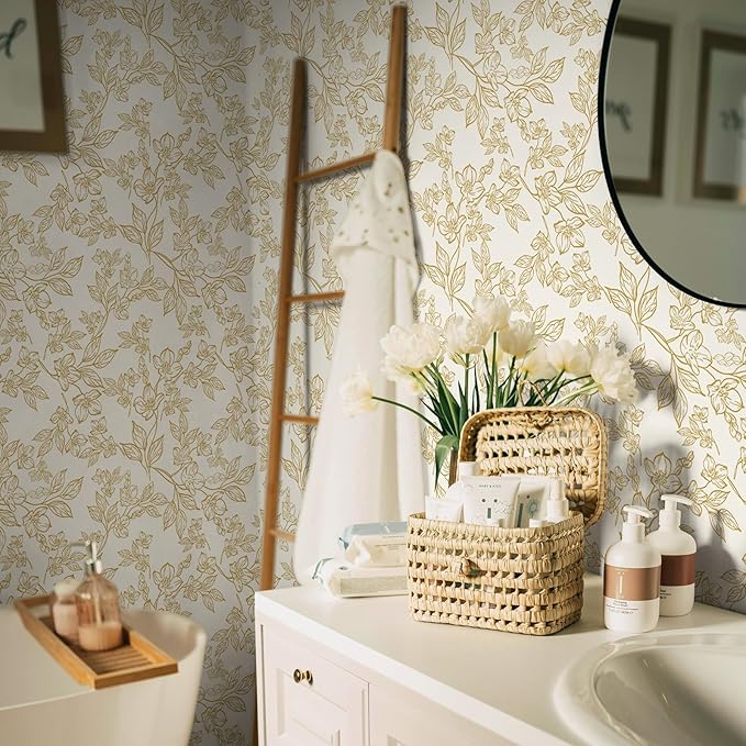 Ismoon Floral Wallpaper Peel and Stick Vintage Flower Beige and Gold Contact