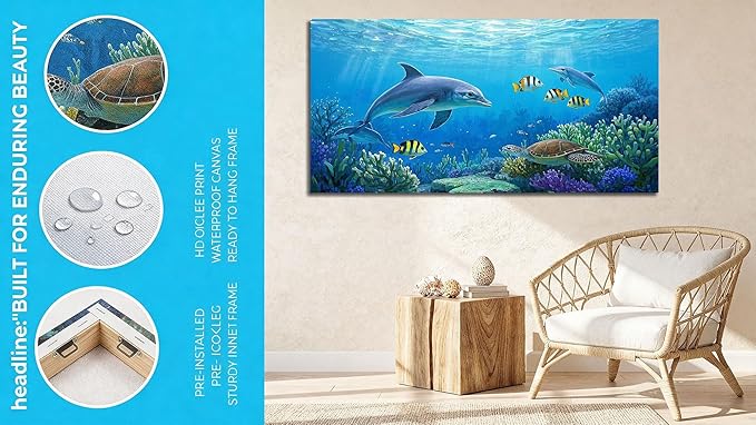 Ardemy Ocean Life Wall Art 40"x20" Picture, Waterproof Canvas Print