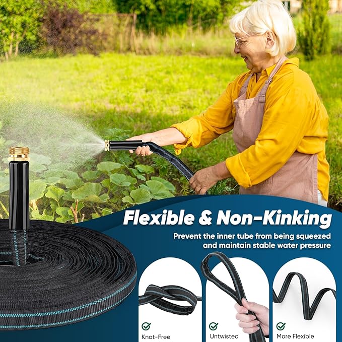 Garden Hose 50ft, Non-Expanding Water Hose, Flexible Ultra-Light, Anti-Kink, Wear-Resistant, Portable, Easy Storage, Hose with 3/4 for Outdoor, Garden, Yard and Lawn, Black Lake Blue