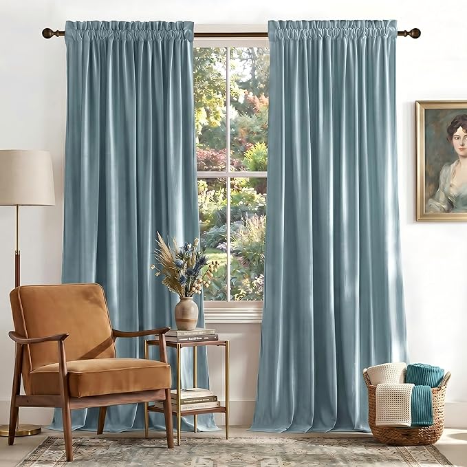 NICETOWN Stone Blue Velvet Curtains & Drapes 108 inches Long
