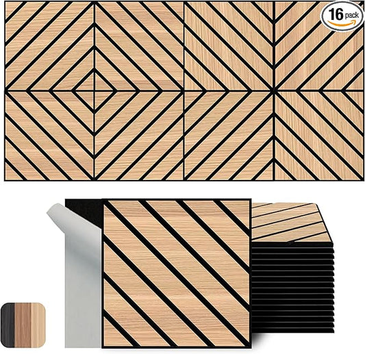 WoveN SounD Artisan Acoustic Wall Panels, 16 Pack 12x12 Inch, PVC Wood Grain