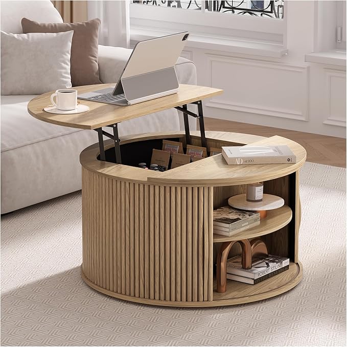 JOINICE 31.5" Round Lift Top Coffee Table,Natural Oak Modern Fluted Drum Center Table with Hidden Storage, Japandi Scandi Wood Circle Desk for Boho Living Room & Apartment