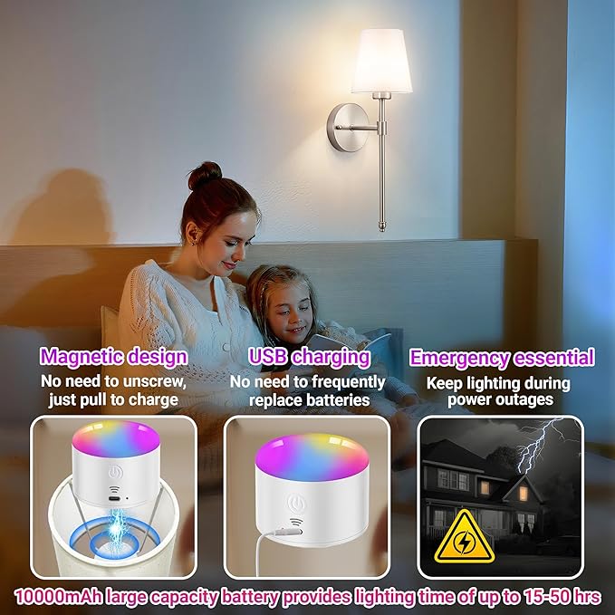 YHCDLAMP Battery Operated Wall Sconce Set of 2, Rechargeable Wall Sconce