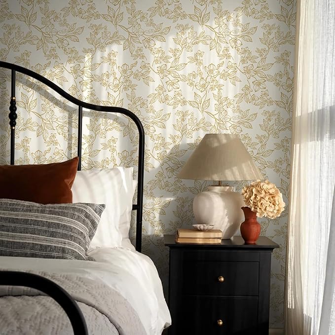 Ismoon Floral Wallpaper Peel and Stick Vintage Flower Beige and Gold Contact