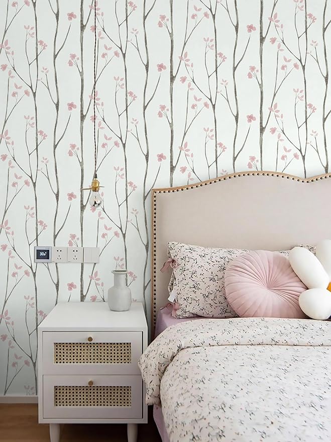 Timeet Floral Wallpaper White and Pink Wall Paper Peel and Stick Modern Contact
