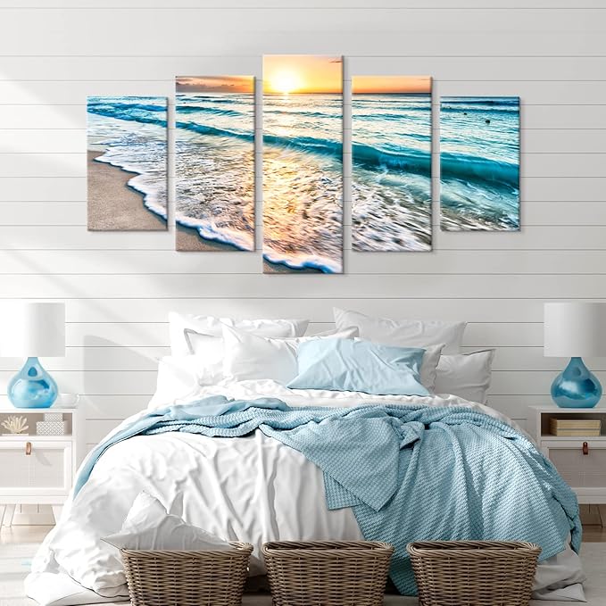 Goldfoilart 5 Pieces Beach Coastal Wall Art Sea Sunset Seascape Pictures Ocean