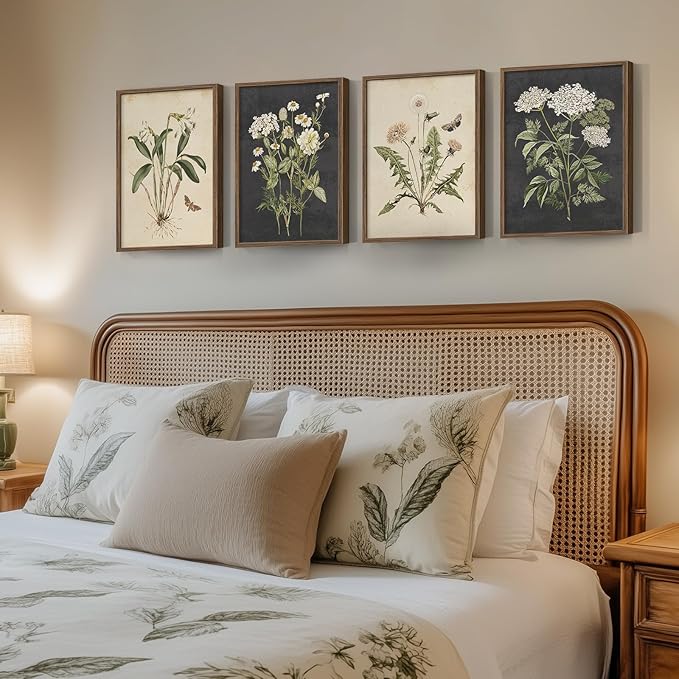 Framed Botanical Wall Art for Living Room, 4 Piece Rustic Floral Canvas