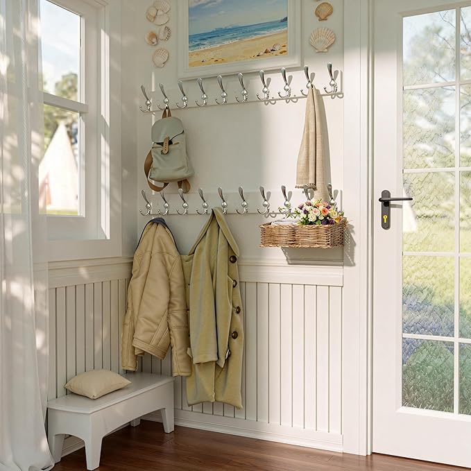SKOLOO Creations White Solid Wood Wall Mounted Coat Rack, 10 Hooks, 38-1/8" Long