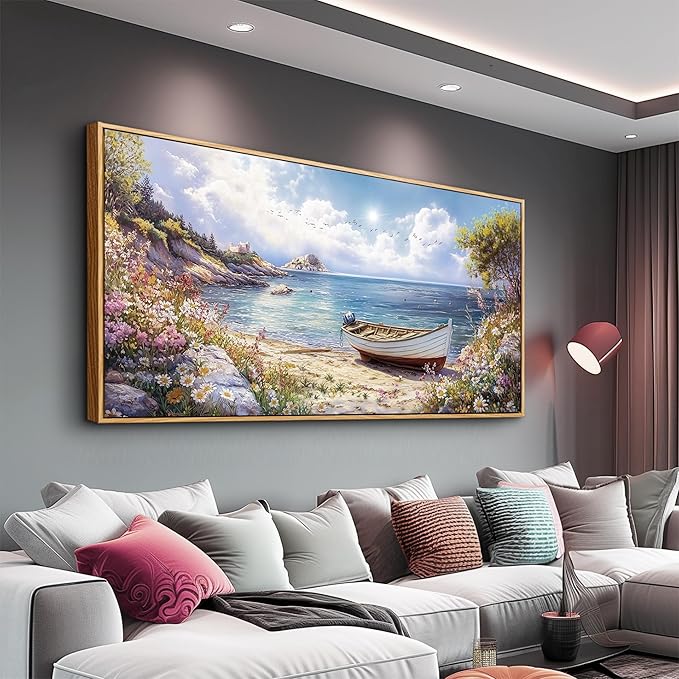 Wood Farmed Canvas Wall Art For Living Room Large Wall Decor For Office Bedroom Decorations The Sea Boat Landscape Pictures Farmhouse Painting Artwork Room Wall Mural Aesthetic Home Decor 30x60 In