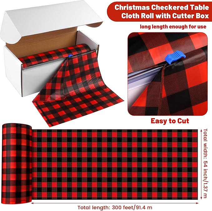 Kochorie 54 Inch x 300 Ft Red and Black Checkered Plastic Table Cloth Roll