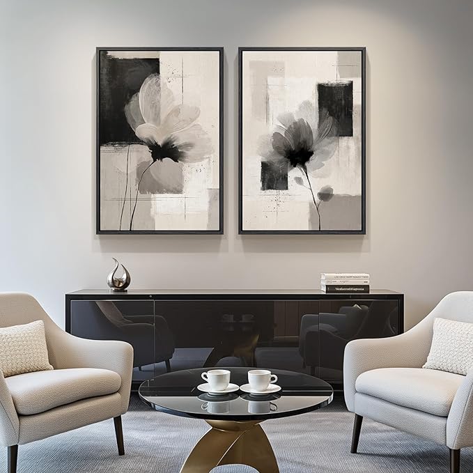 Large Framed Neutral Abstract Floral Wall Art, Minimalist Pictures