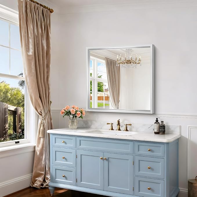 30 x 30 Silver Bathroom Mirror, Brushed Silver Square Mirror