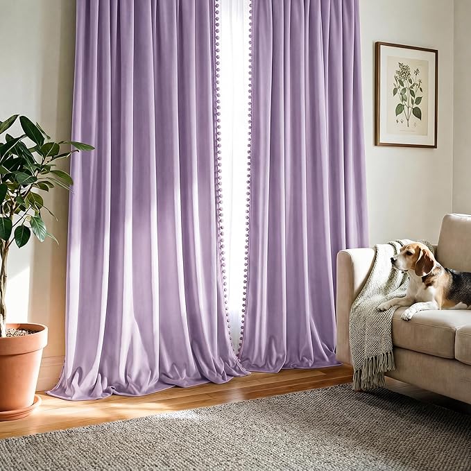 NICETOWN Lilac Purple Velvet Curtains 96 Inch Length – Pom Pom Room Darkening