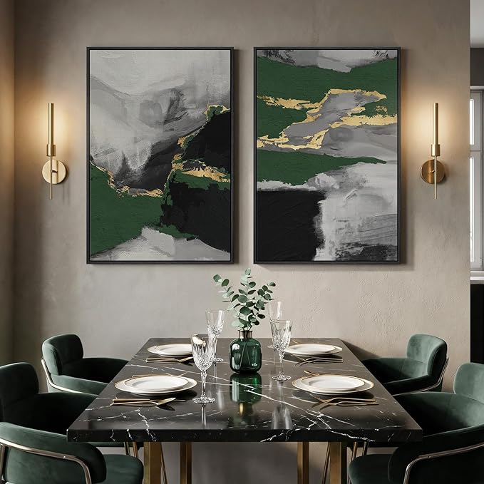 Large Framed Green Abstract Wall Art, 2 Piece Modern Canvas Prints Paintings