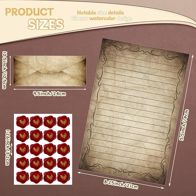 TaoBary 160 Pcs Stationery Paper Set 50 Double Sided Stationery Papers with 50 Matching Envelopes and 60 Round Dot Sticker, 10 Design(Vintage,8.5 x 11 Inch)