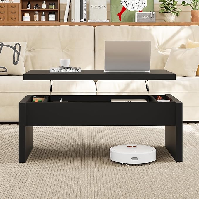 Small Lift Top Coffee Table, Wood Rectangle Coffee Table with Lifting Top and Hidden Storage Compartment, Modern Mid Century Center Tables for Small Space, Living Room, Office-Black
