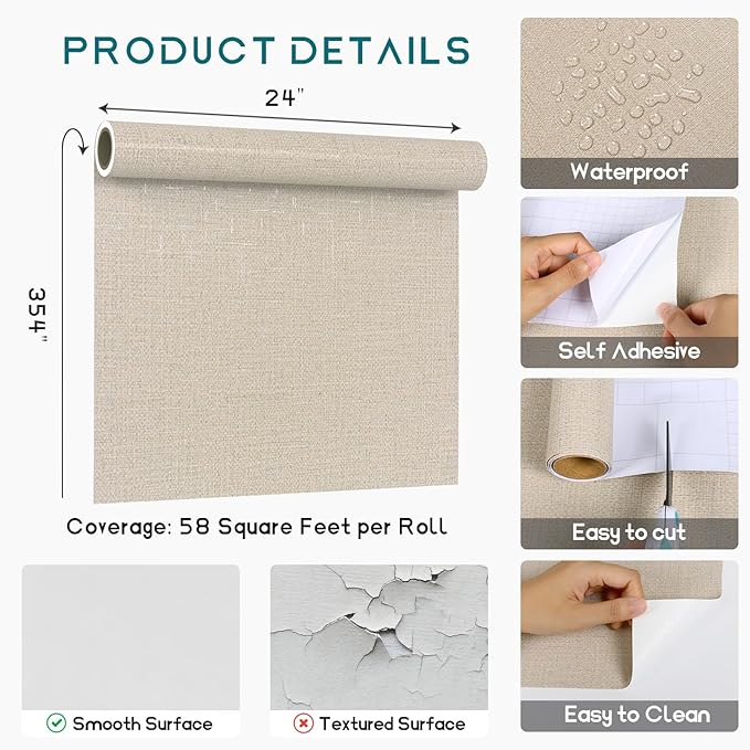VEELIKE Beige Grasscloth Peel and Stick Wallpaper Textured Neutral Grasscloth