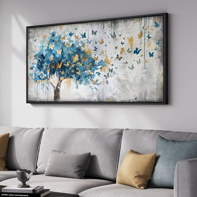 Framed Large Tree Wall Art, Modern Golden Butterfly Picture
