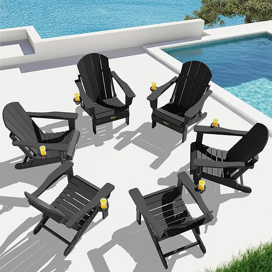 SERWALL Folding Adirondack Chair Set of 6, Weather Resistant HIPS Lawn Chairs with Cup Holder for Backyard, Garden, Fire Pit- Black