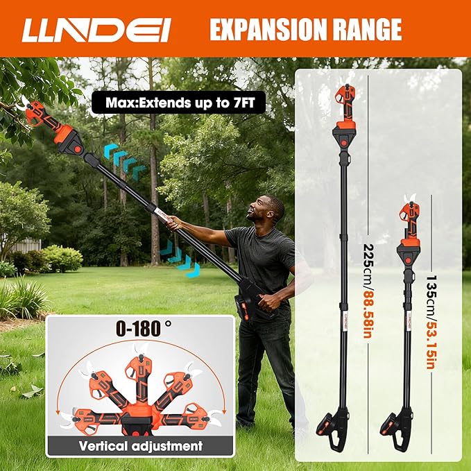 LLNDEI 2 IN 1 Brushless Pole Pruning Shear, 1.6'' Cutting Diameter, Electric Tree Pruner, 7.5Ft Reach, Battery Powered Cordless Electric Pruning for Garden & Flower.