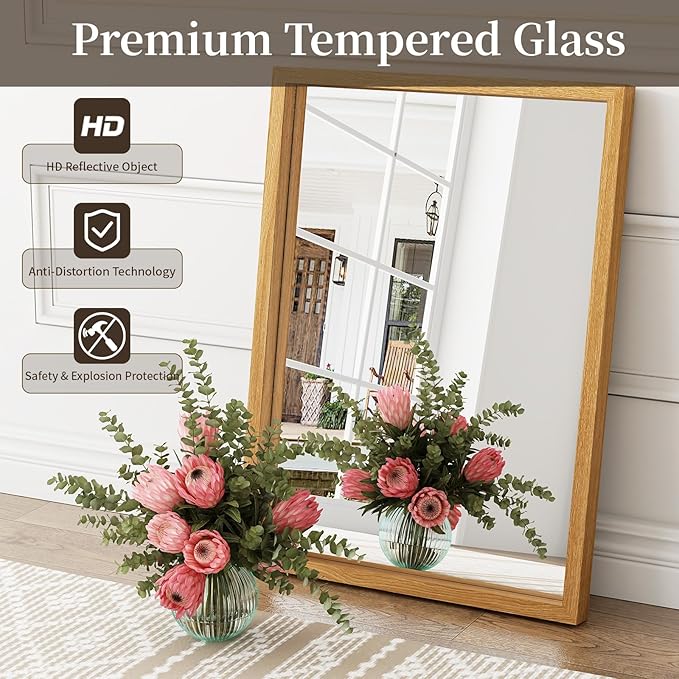Syndra Natural Wood Frame Bathroom Mirror, 22x30'' Modern Vanity Mirror