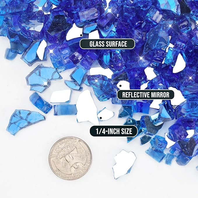 Skyflame High Luster 10-Pound Fire Glass for Fire Pit Fireplace Landscaping, 1/4-Inch Cobalt Blue Reflective