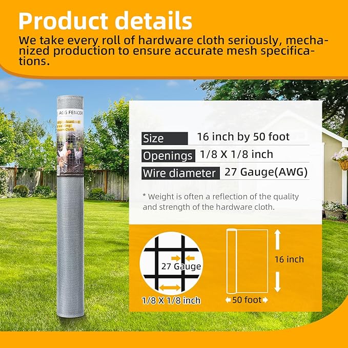 16in x 50ft Hardware Cloth 1/8 inch 27Ga Hot Dipped Galvanized After Welding, Chicken Coop Wire Fence, Welded Metal Fencing Roll Mesh for Bee Screen Garden Plant Poultry Animal Netting Cage