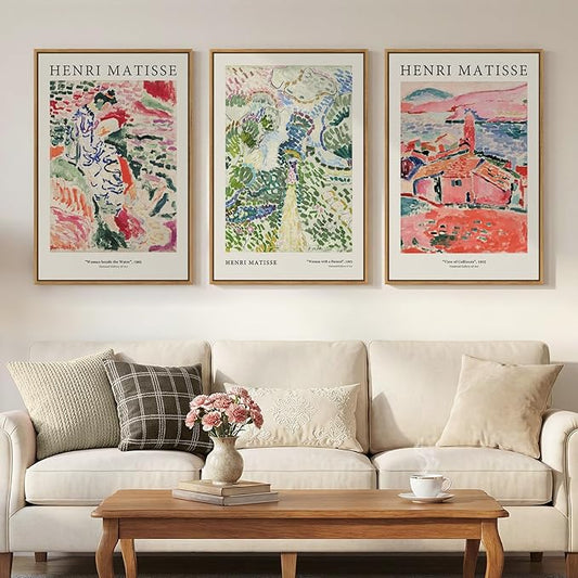 Framed Abstract Matisse Wall Art Set of 3, Vintage Colorful Landscape Canvas