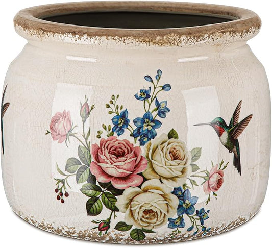 7.7â³ Large Vintage Ceramic Plant Pot with Hummingbird Bloom Pattern Cream White Rustic Planter with Ice Crackle Glaze & Drainage Hole for Indoor Outdoor Plants Home Kitchen Office Decor Gift