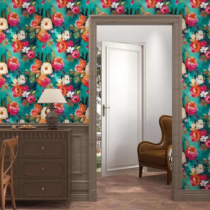 BOKEBEVE Watercolour Floral Peel and Stick Wallpaper Boho Vibrant Contact Paper