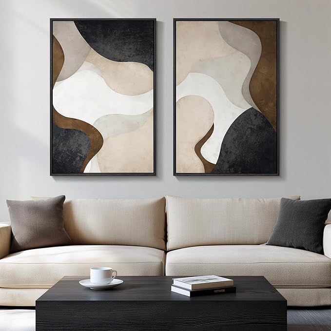 Large Framed Neutral Abstract Minimalist Wall Art Set of 2, Modern Canvas