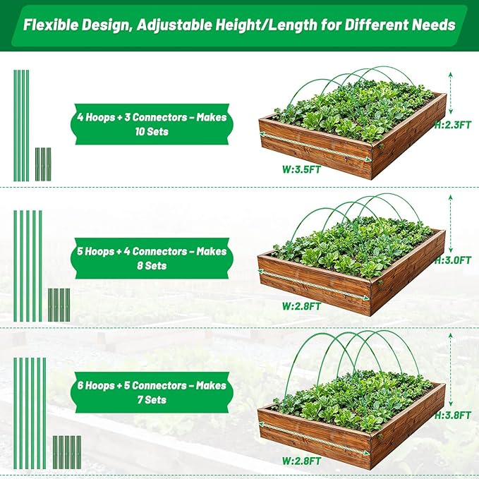 Tetutor Garden Mesh Netting Kit,7 Sets Wide Garden Hoops with 10x30 ft Garden Covers Bird Netting& 12 Clips, Garden Protection for Raised Beds Greenhouse Vegetable Plants Flowers Green